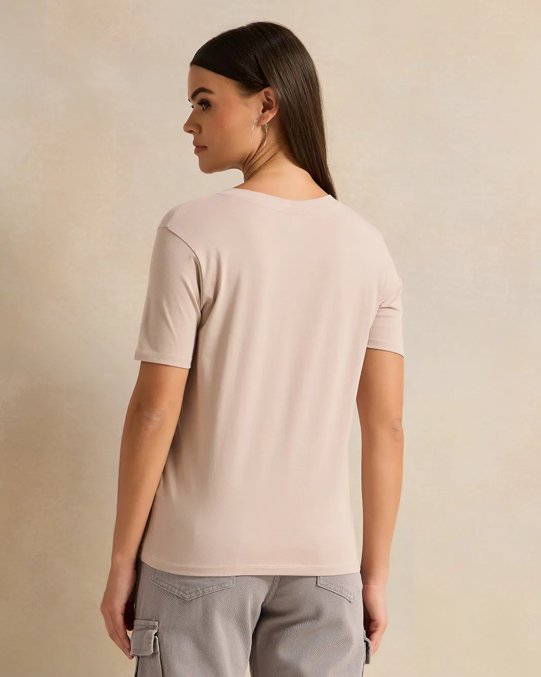 Women Beige Short Sleeve V Neck T-Shirt sold by Redtag product image thumbnail 3