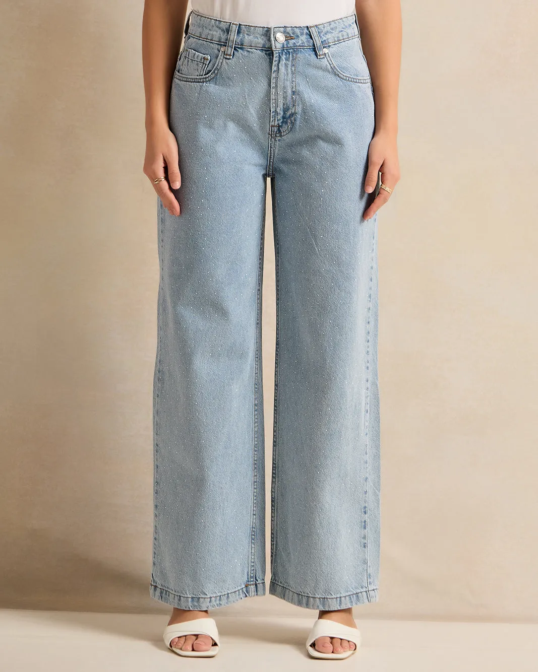 Women Blue Embellished Wide Leg Jeans sold by Redtag