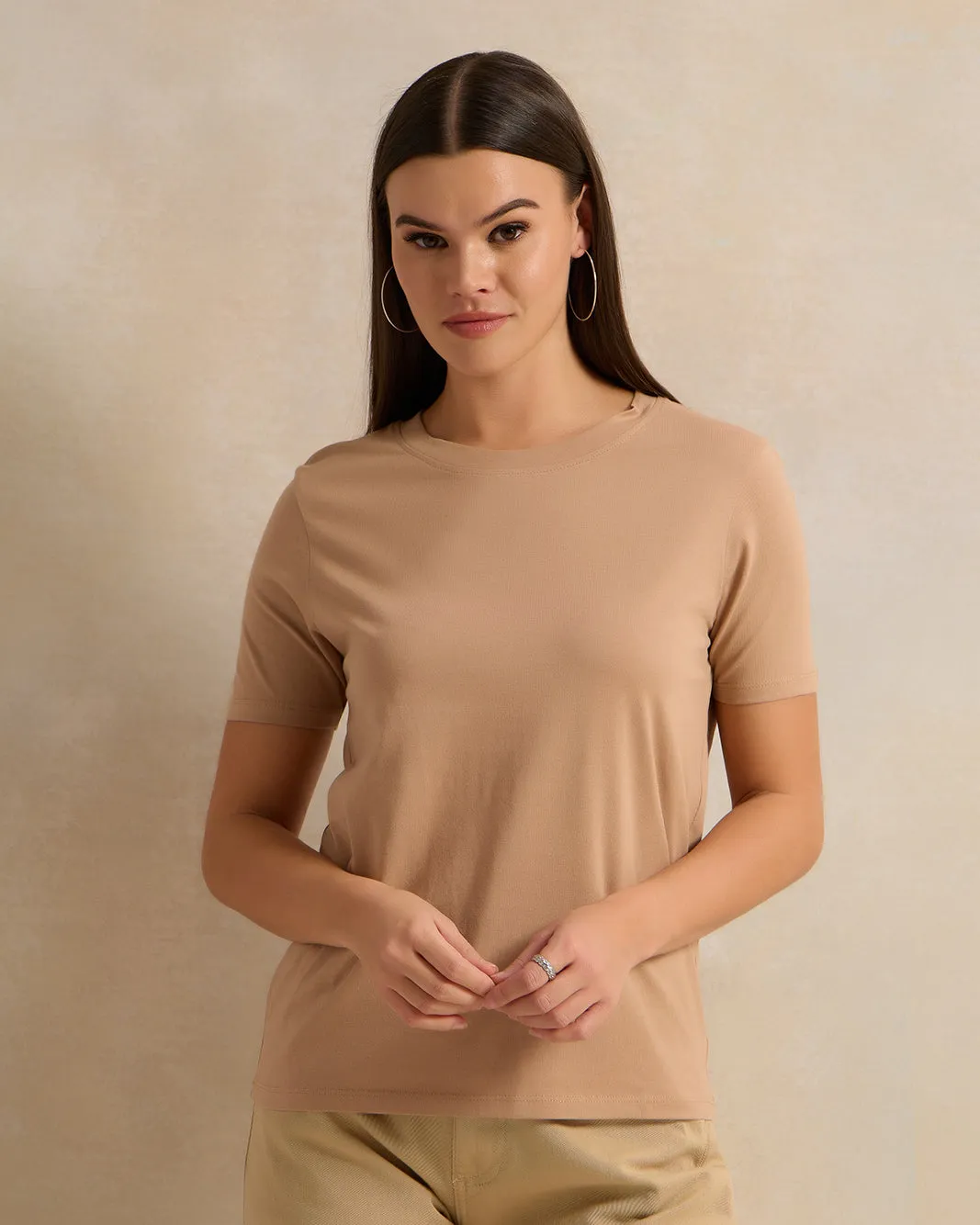 Women Beige Short Sleeve Crew Neck T-Shirt sold by Redtag