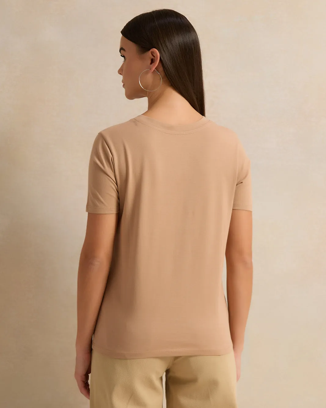 Women Beige Short Sleeve Crew Neck T-Shirt sold by Redtag product image thumbnail 3