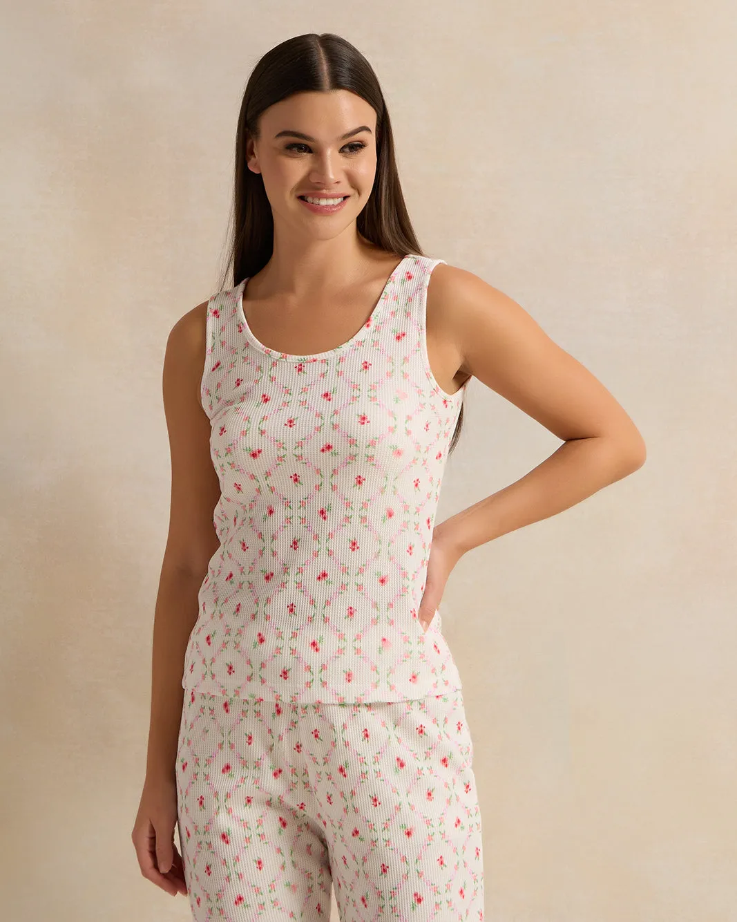 Women White Floral Print Waffle Cami Set (2 Piece) sold by Redtag product image thumbnail 2