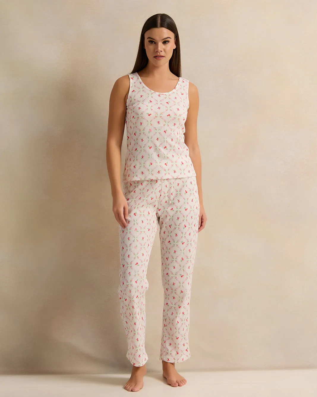 Women White Floral Print Waffle Cami Set (2 Piece) sold by Redtag