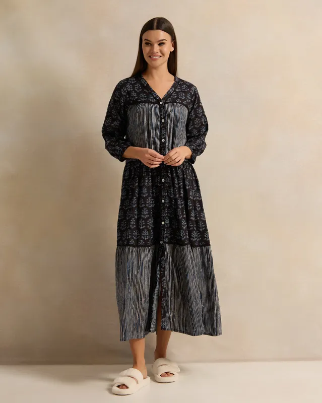 Women Black Long Sleeve Tiered Lace Nightgown sold by Redtag