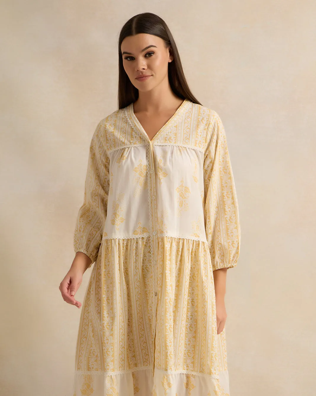 Women Yellow Sleeve Tiered Lace Nightgown sold by Redtag product image thumbnail 2