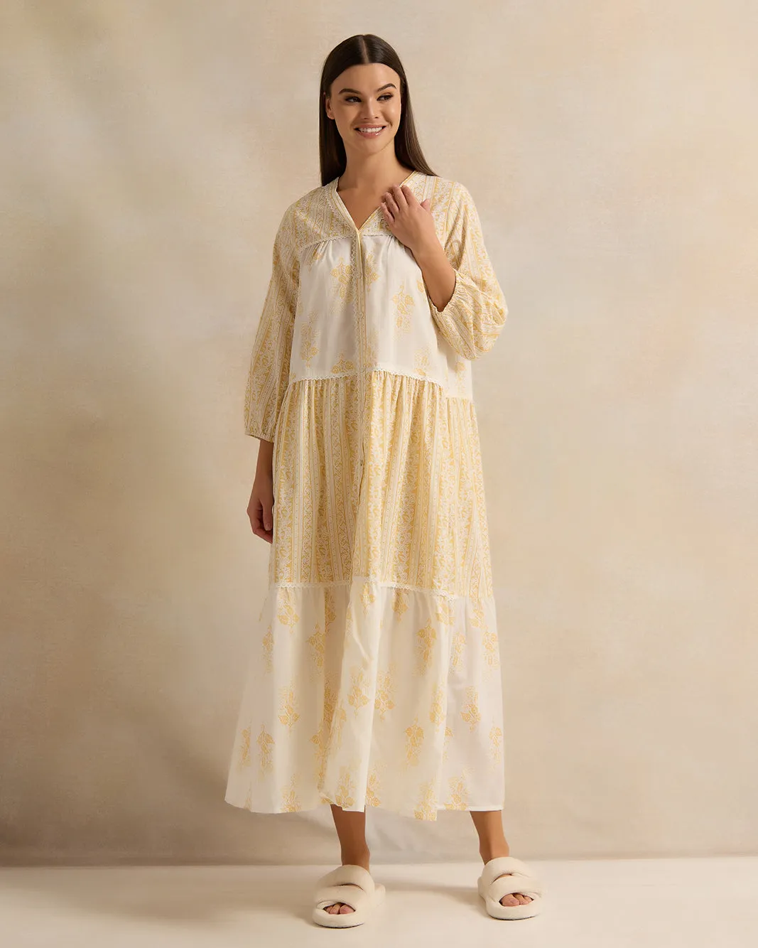 Women Yellow Sleeve Tiered Lace Nightgown sold by Redtag product image thumbnail 4