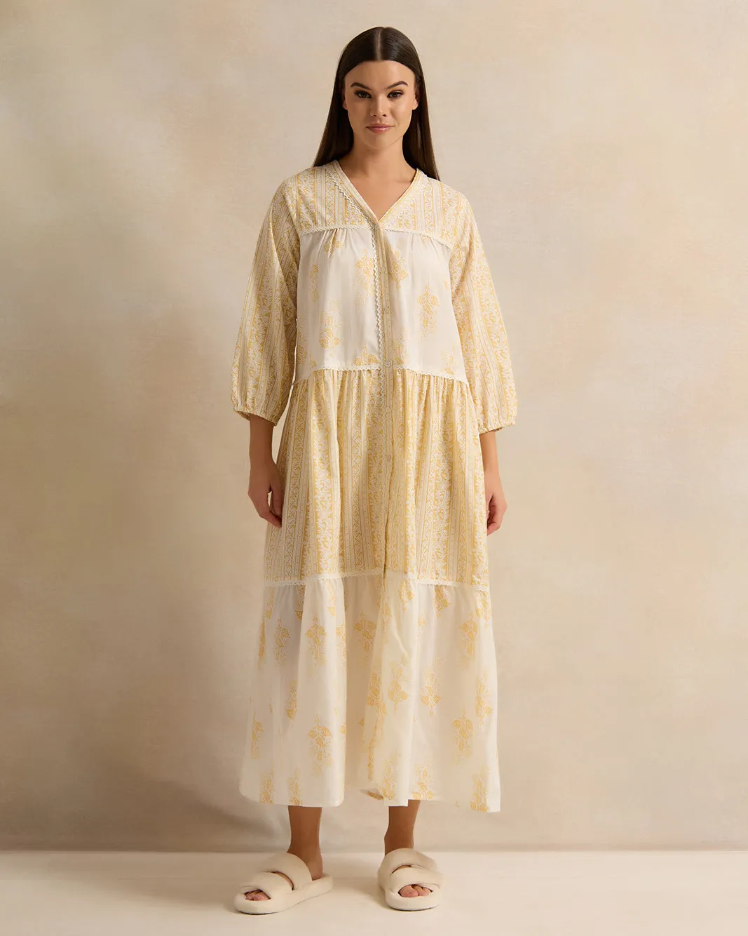 Women Yellow Sleeve Tiered Lace Nightgown sold by Redtag