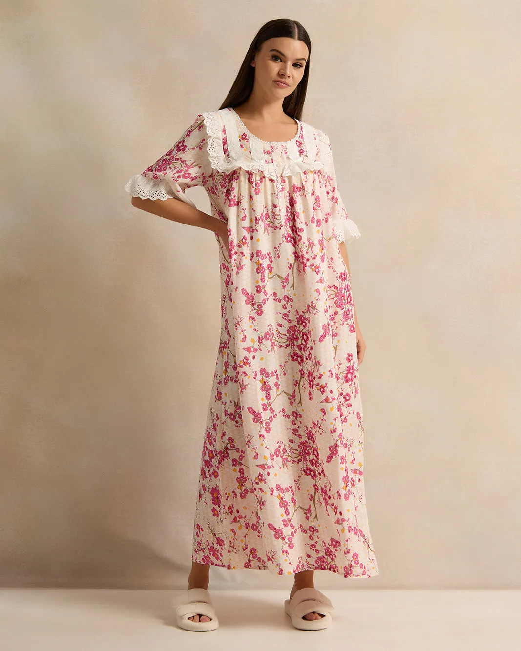 Women Pink Flower Frill Lace Nightgown sold by Redtag product image thumbnail 4