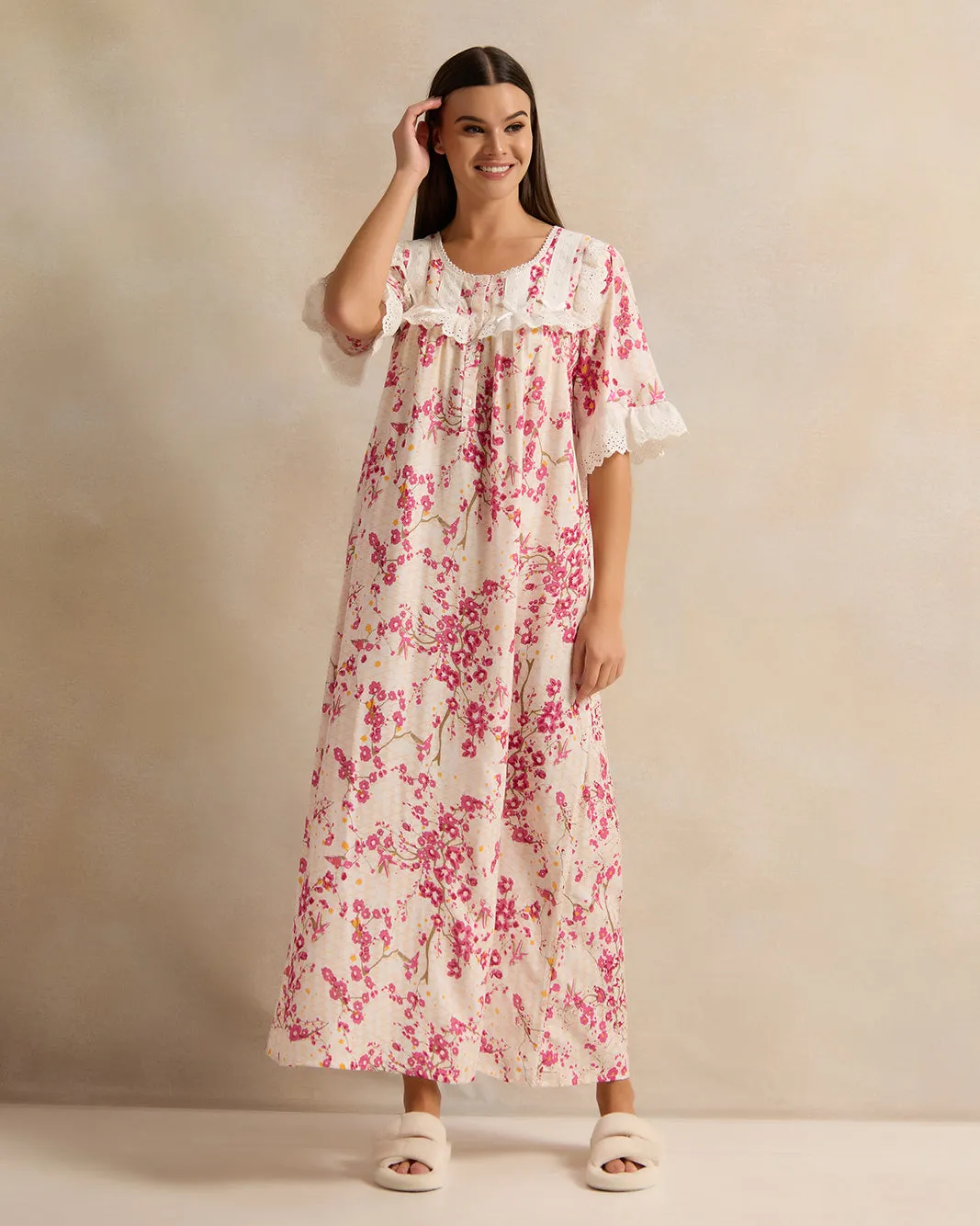 Women Pink Flower Frill Lace Nightgown sold by Redtag