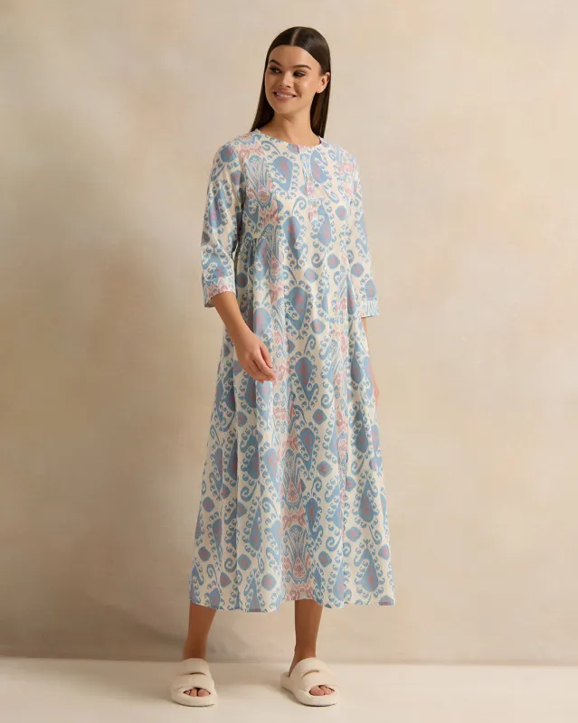 Women Blue Printed Lurex Nightgown sold by Redtag