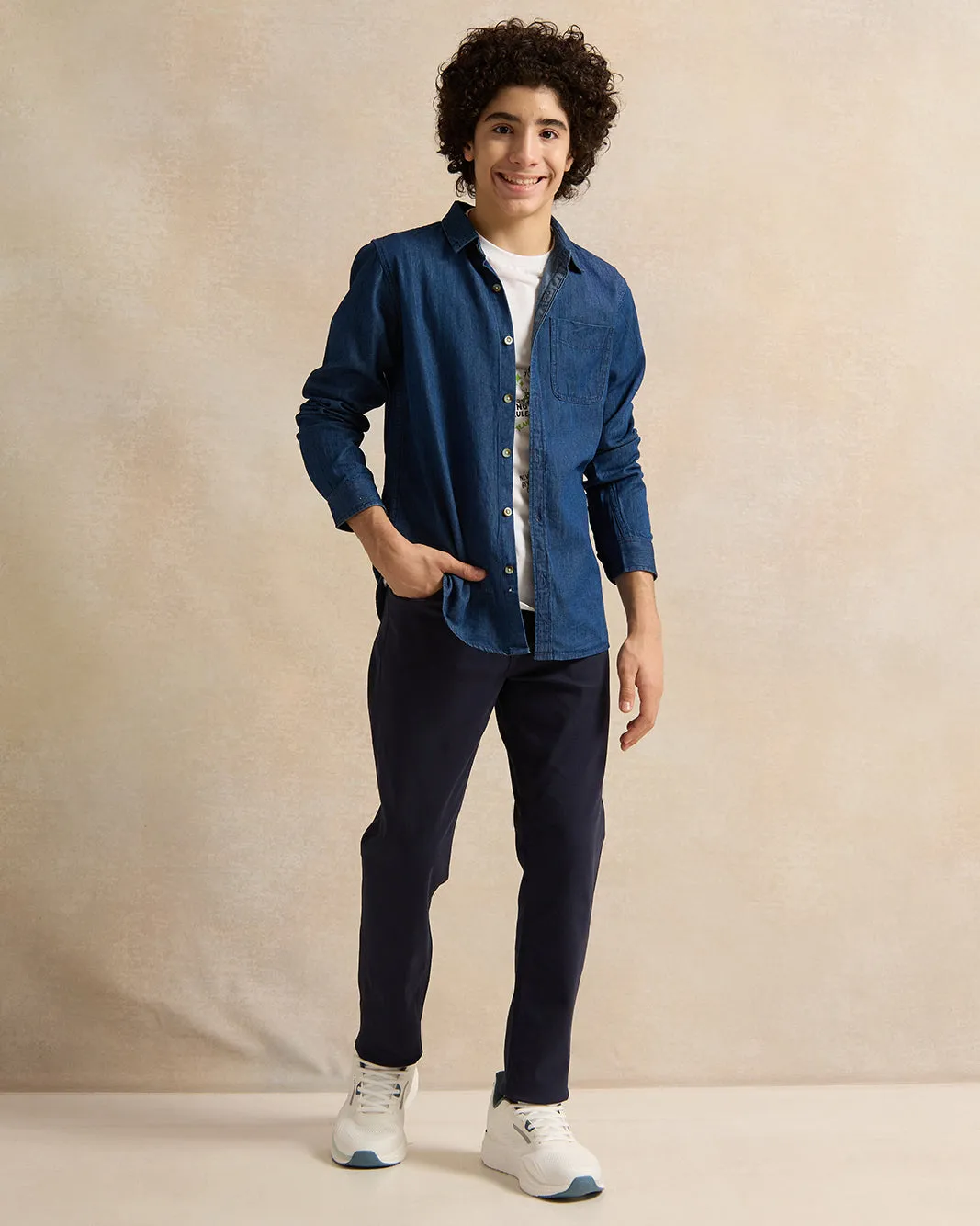 Senior Boys Blue Denim Shirt With White Printed T-Shirt (2 Piece) sold by Redtag product image thumbnail 3