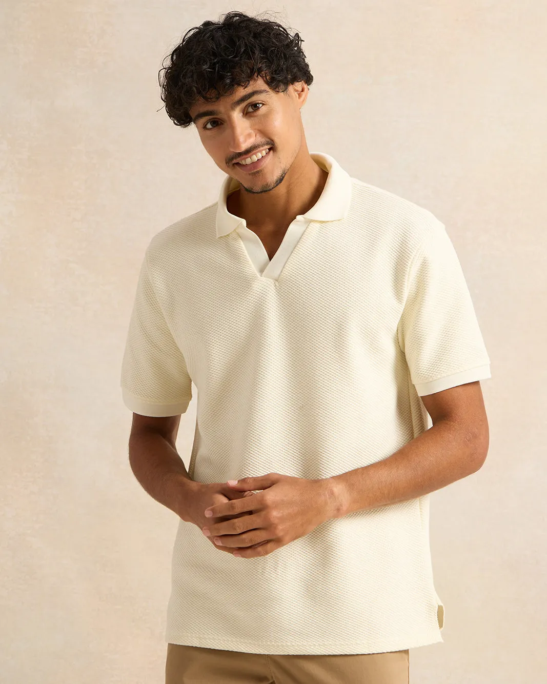 Men Ivory Jacquard Polo Shirt sold by Redtag