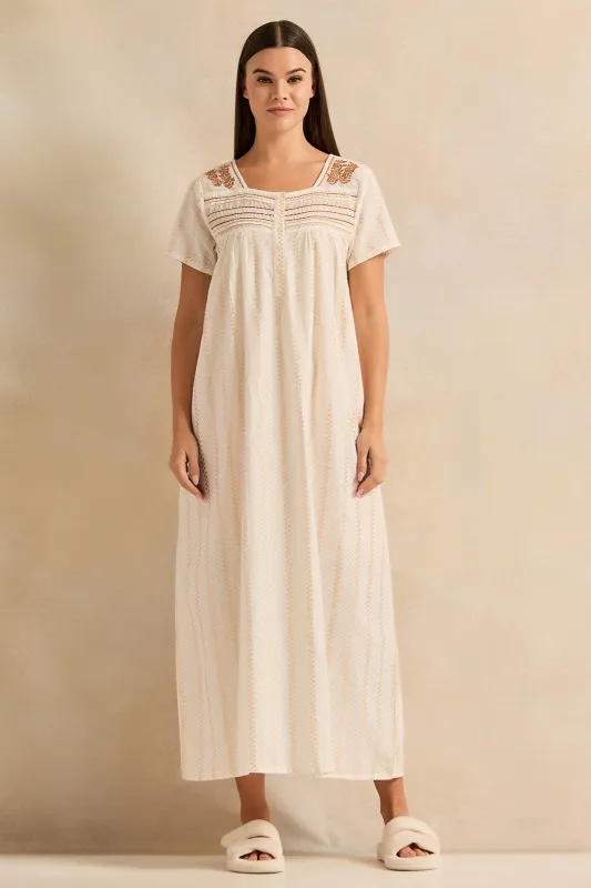 Women Ivory Embroidered Nightgown sold by Redtag