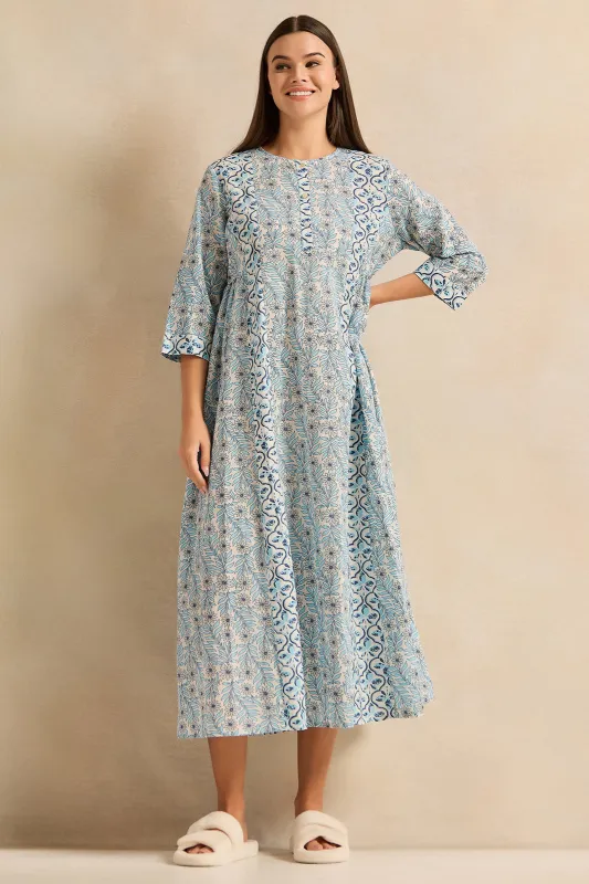 Women Teal Lurex Printed Nightgown sold by Redtag