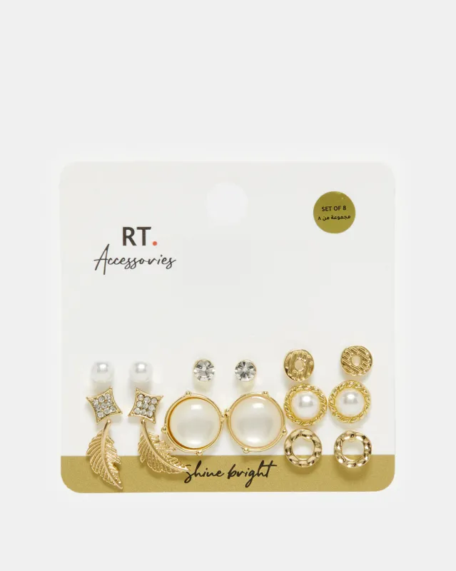 Women Gold Embellished Studs Set (8 Pairs) sold by Redtag