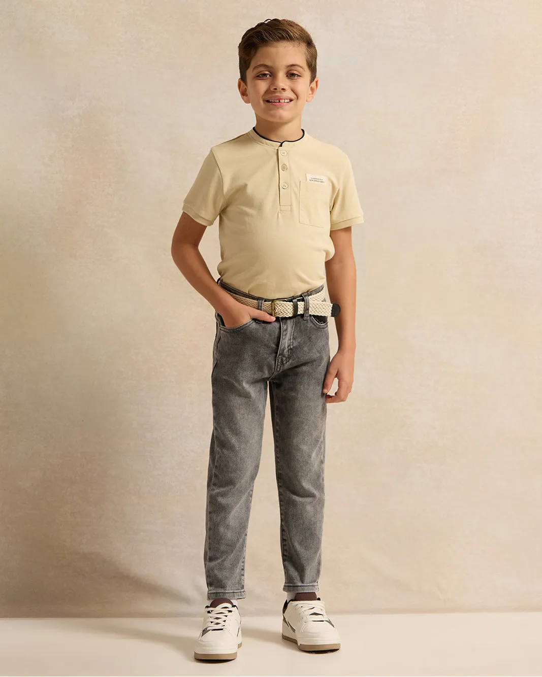 Boys Beige Mandarin Collar Polo Shirt sold by Redtag product image thumbnail 2