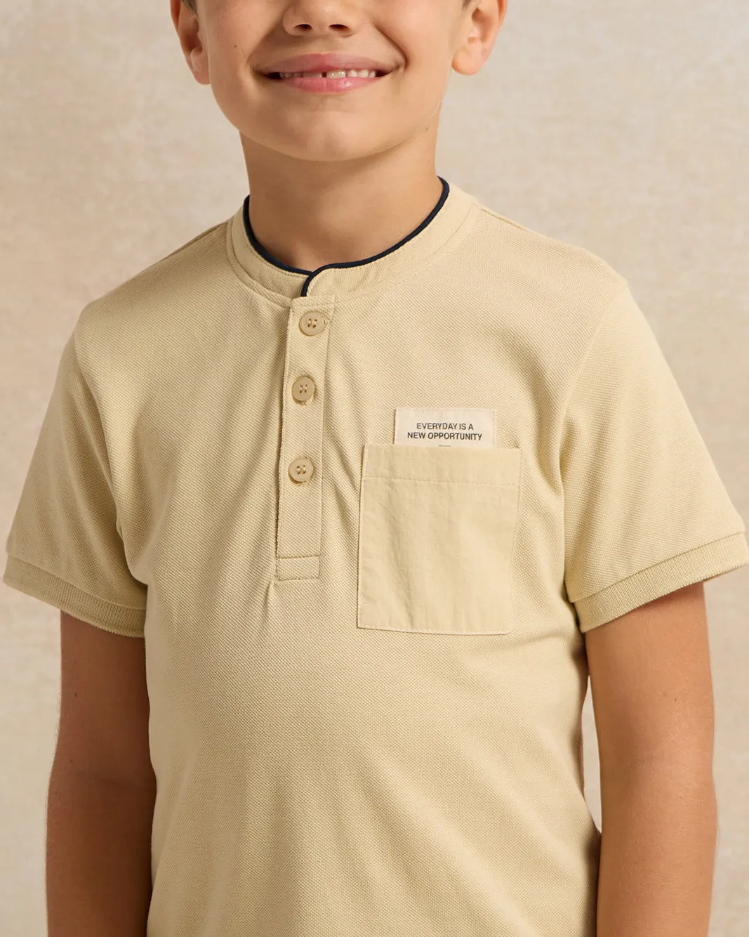 Boys Beige Mandarin Collar Polo Shirt sold by Redtag product image thumbnail 4