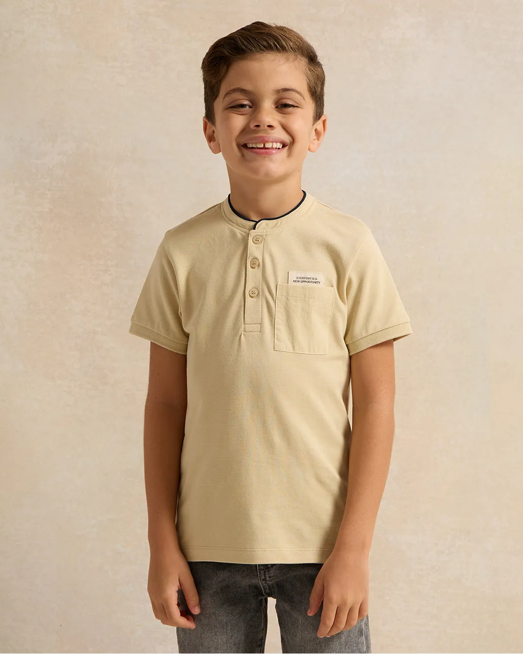 Boys Beige Mandarin Collar Polo Shirt sold by Redtag