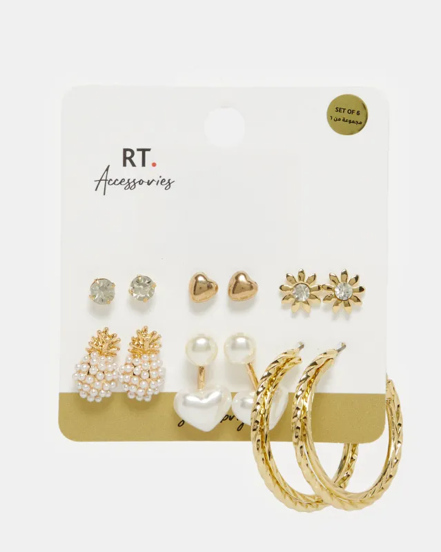 Women Gold Embellished Studs (Pack of 6) sold by Redtag