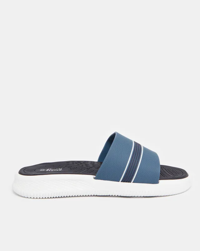 Men Blue Printed Slides sold by Redtag