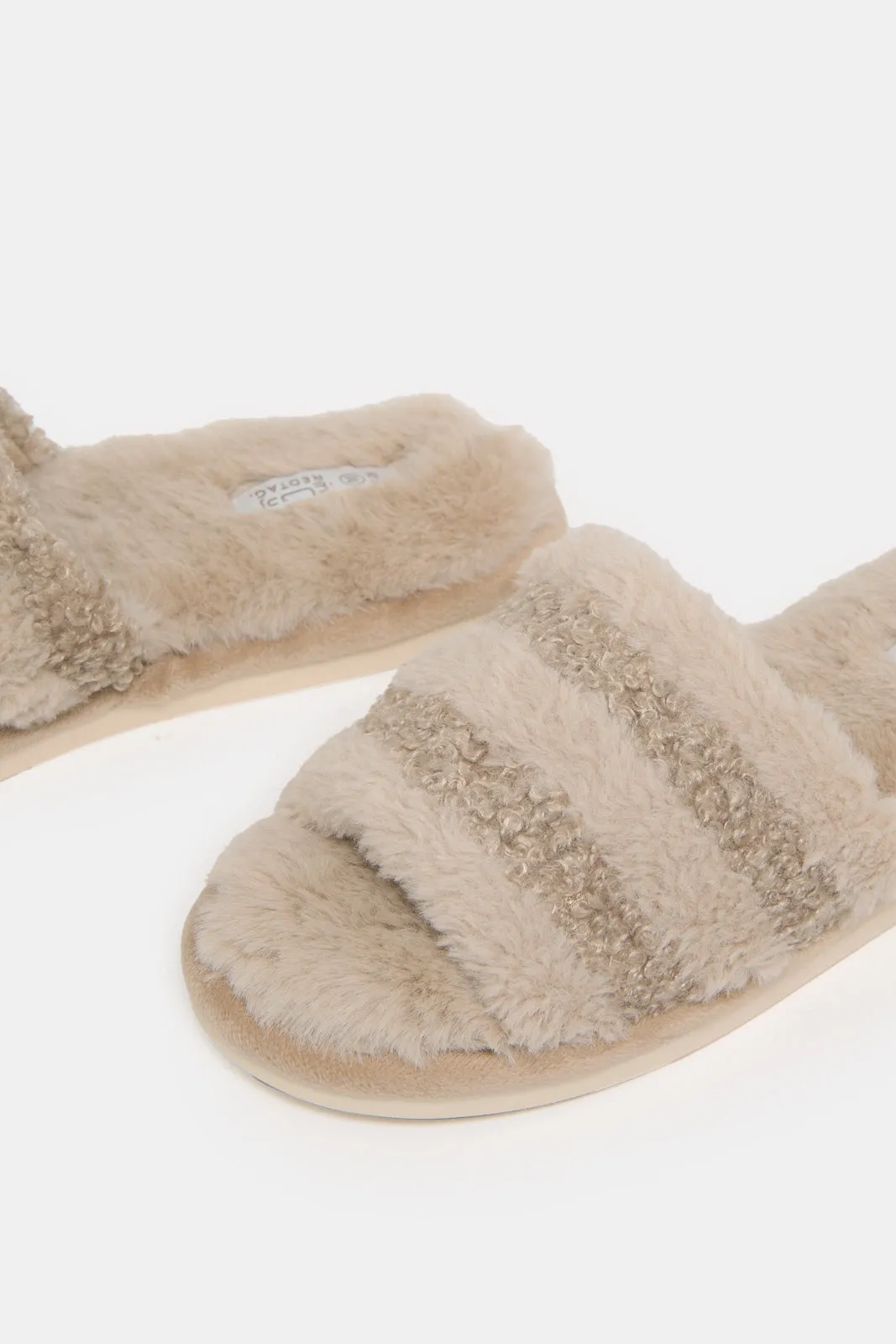 Women Beige Sherpa Stripe Detail Slippers sold by Redtag product image thumbnail 3