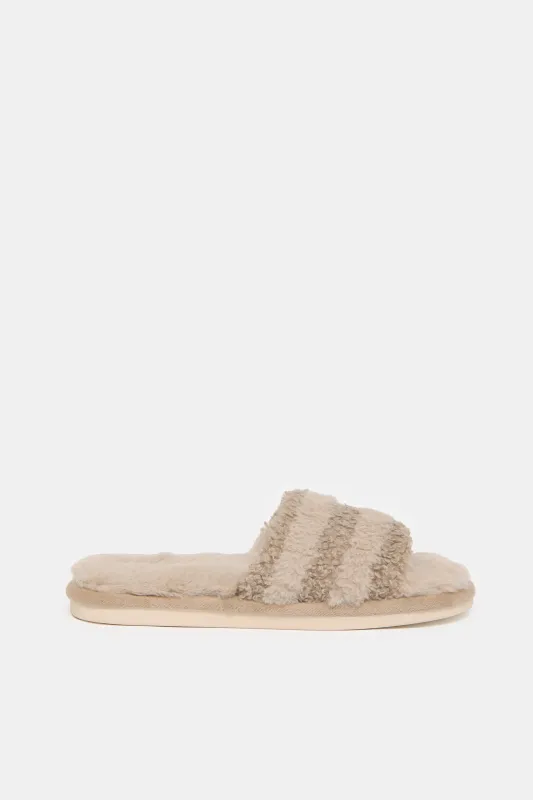 Women Beige  Sherpa Stripe Detail Slippers sold by Redtag