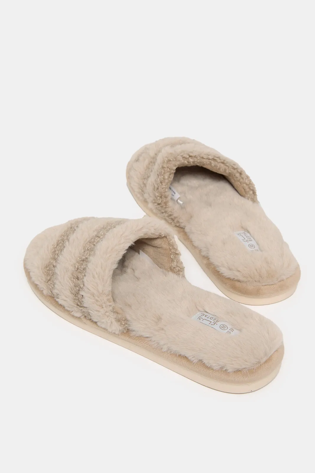 Women Beige Sherpa Stripe Detail Slippers sold by Redtag product image thumbnail 4