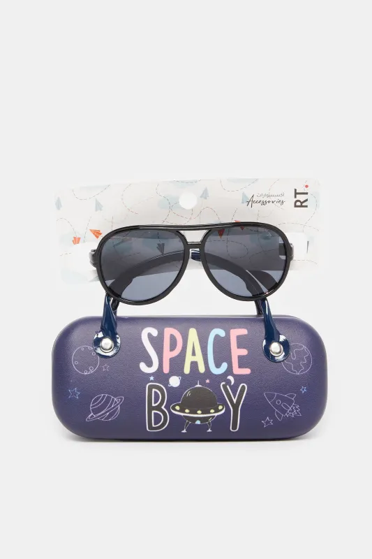 Boys Navy Wayfarer Sunglasses With Printed Case sold by Redtag