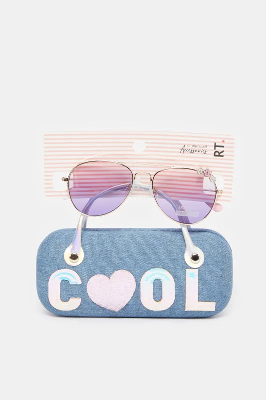 Girls Purple Aviator Sunglasses With Embellished Case sold by Redtag
