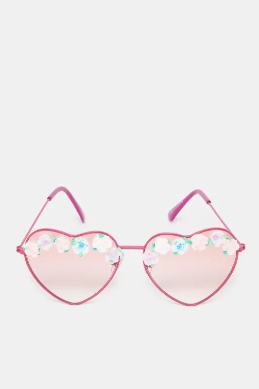 Girls Pink Heart Floral Embellished Sunglasses sold by Redtag