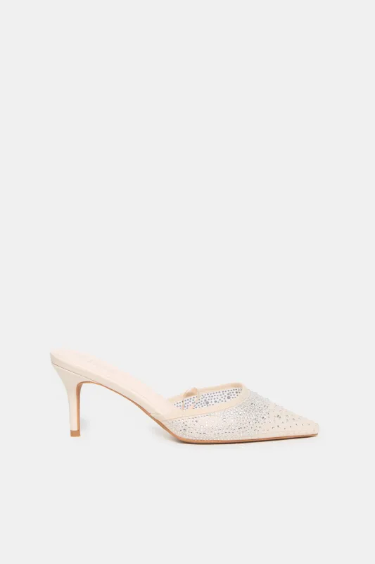 Women Beige Mesh Mule With Rhinestones sold by Redtag
