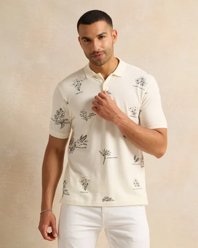 Men Beige Printed Polo Shirt sold by Redtag