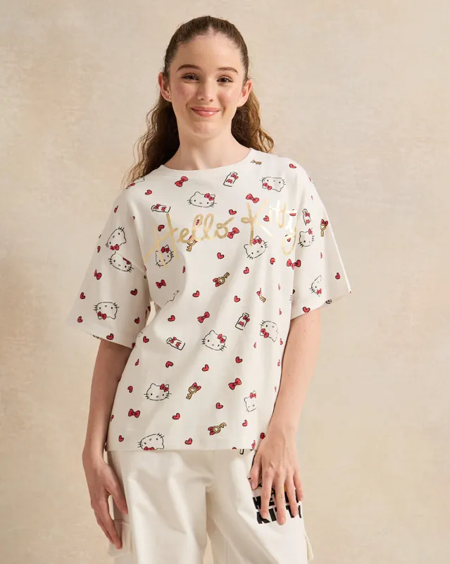 Senior Girls White Printed Hello Kitty T-shirt sold by Redtag