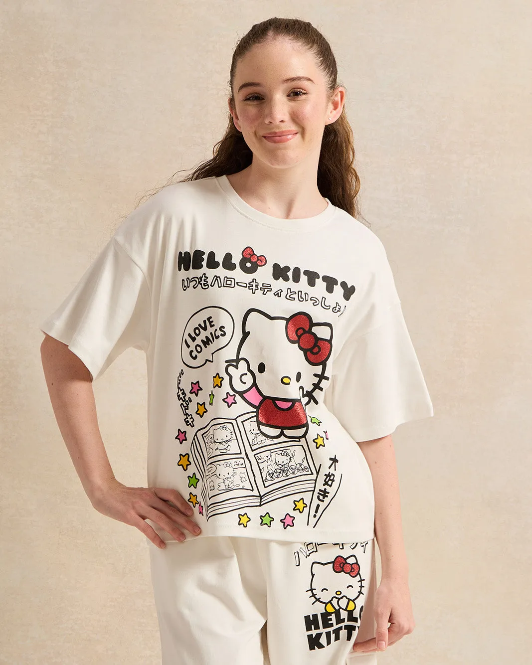 Senior Girls White Printed Oversize Hello Kitty T-shirt sold by Redtag
