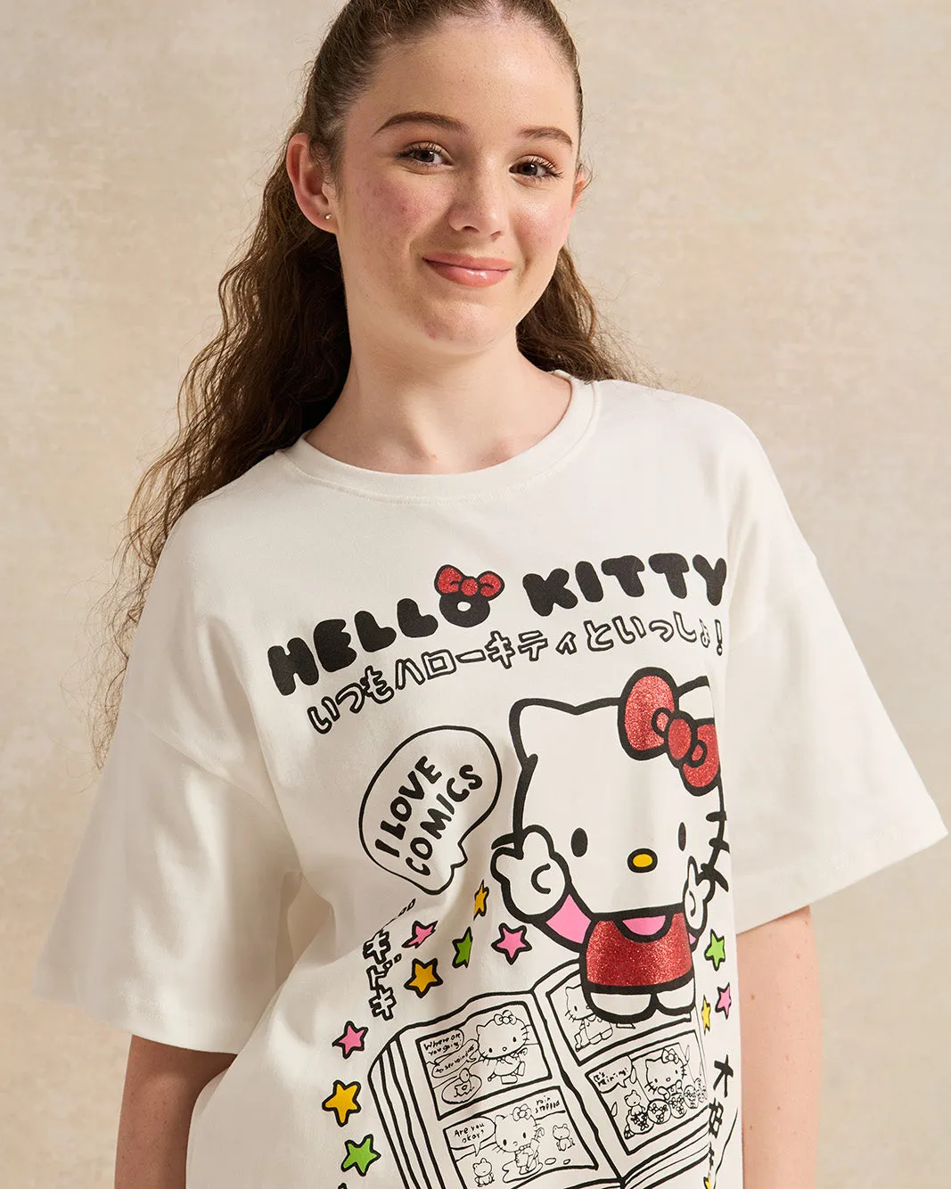 Senior Girls White Printed Oversize Hello Kitty T-shirt sold by Redtag product image thumbnail 4