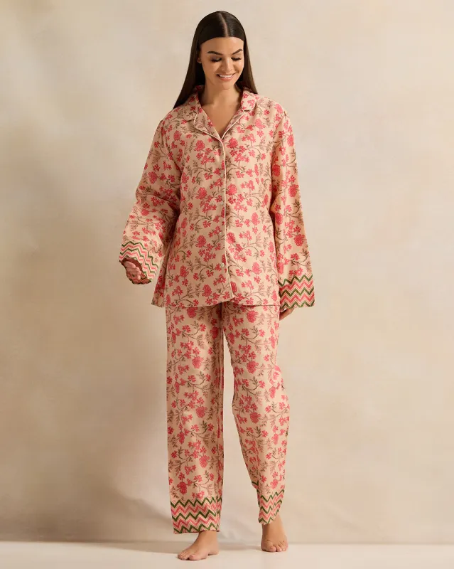 Women Ivory Floral Cotton Satin Pyjama Set (2 Piece) sold by Redtag