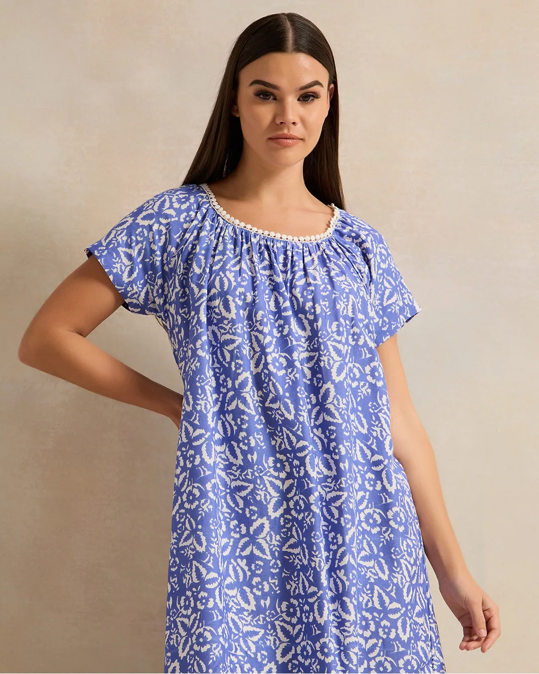 Women Blue Round Lace Nightgown sold by Redtag product image thumbnail 2