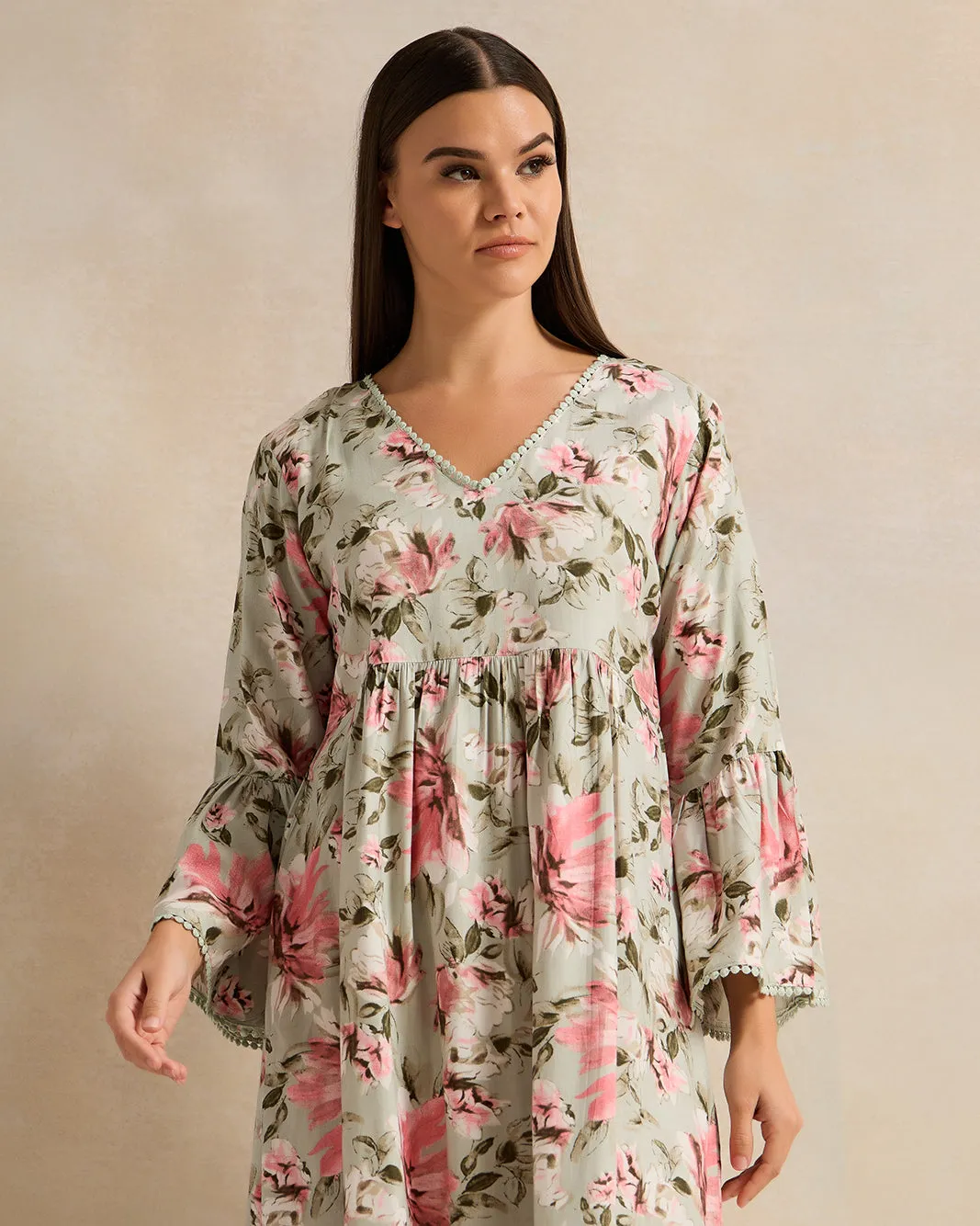 Women Green Printed V-Shape Nightgown sold by Redtag product image thumbnail 2