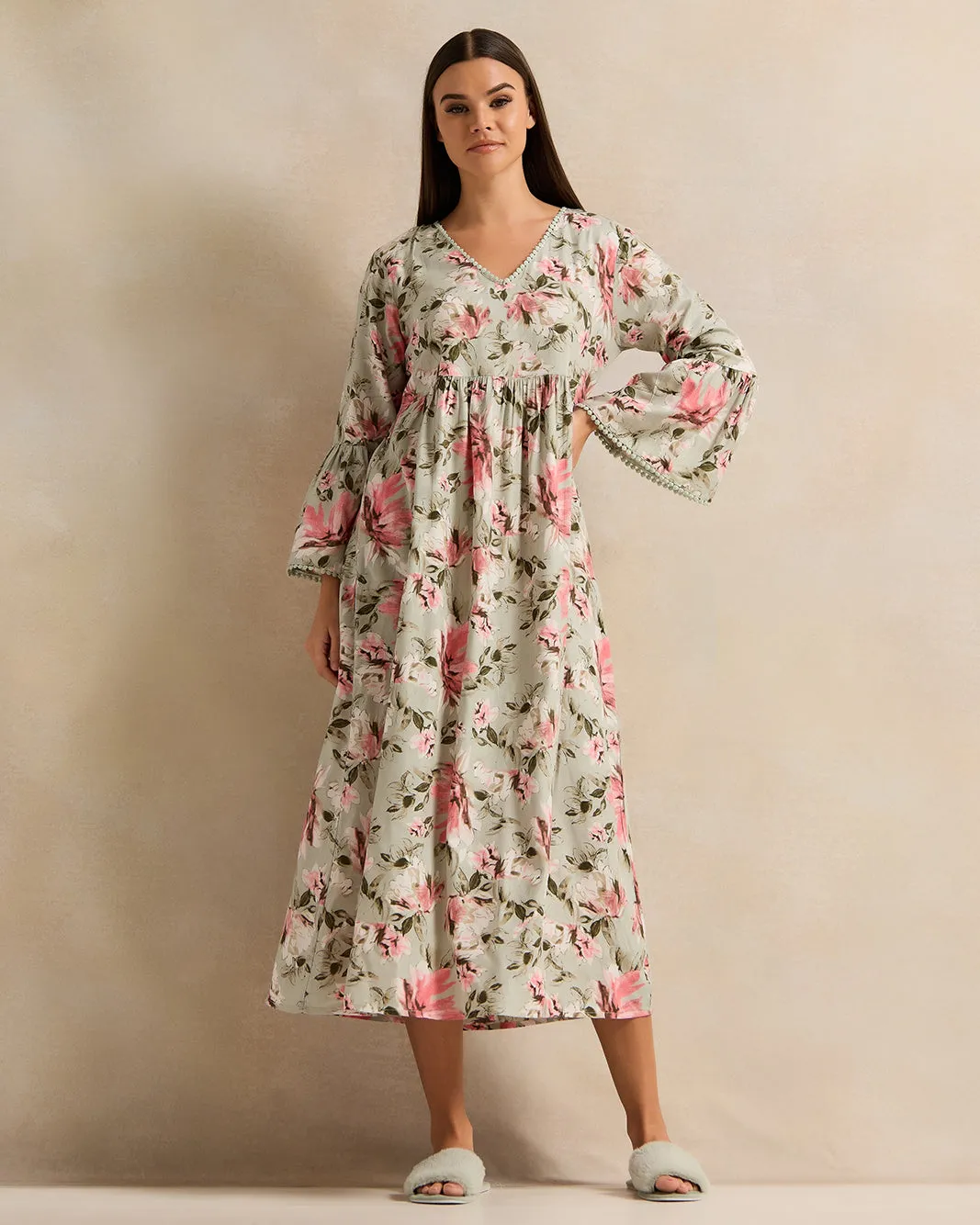 Women Green Printed V-Shape Nightgown sold by Redtag