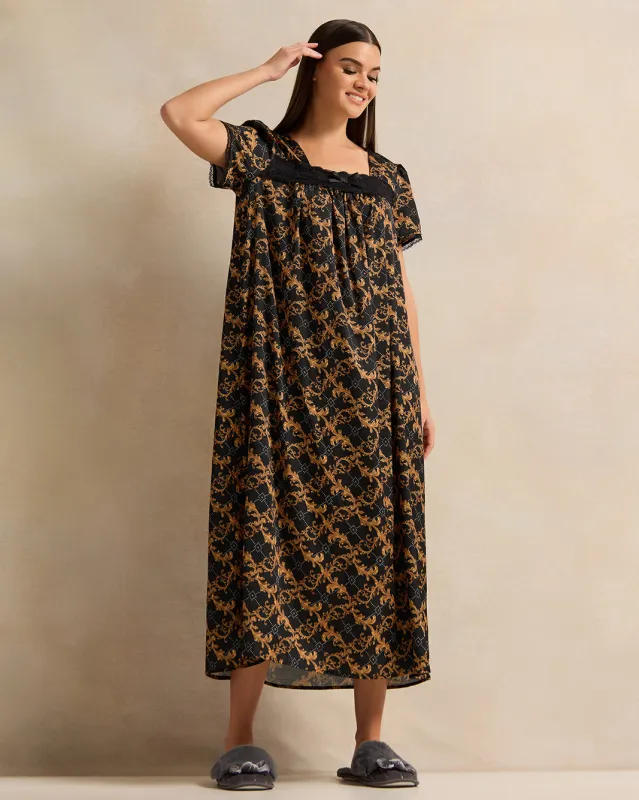 Women Black Printed Nightgown sold by Redtag