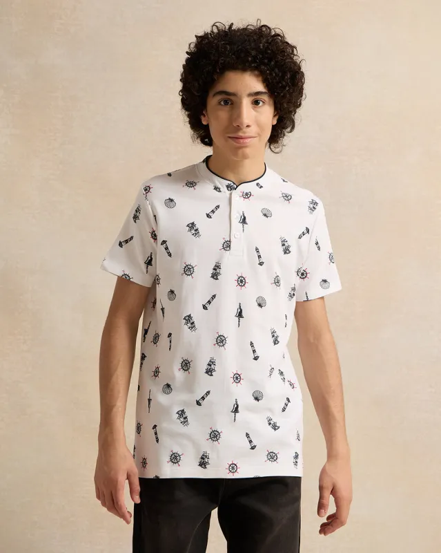 Senior Boys White Printed Mandarin Collar Polo Shirt sold by Redtag