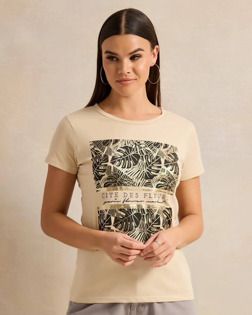 Women Beige Printed T-Shirt sold by Redtag
