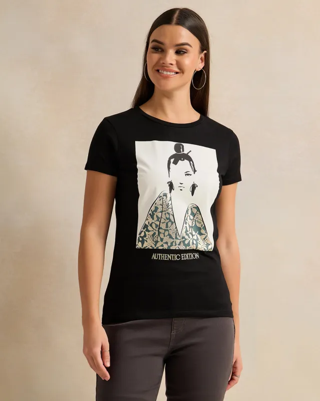 Women Black Printed T-Shirt sold by Redtag