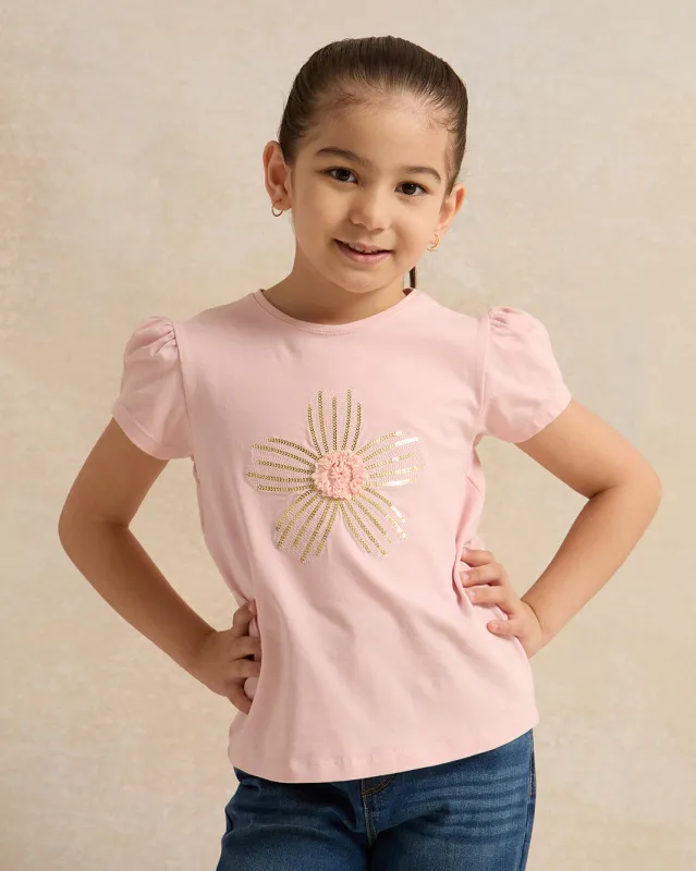Girls  Pink Flower Embellished T-Shirt sold by Redtag