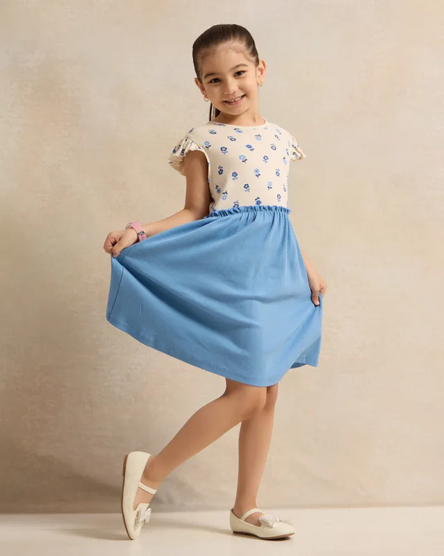 Girls Blue Printed Solid Bottom Dress sold by Redtag