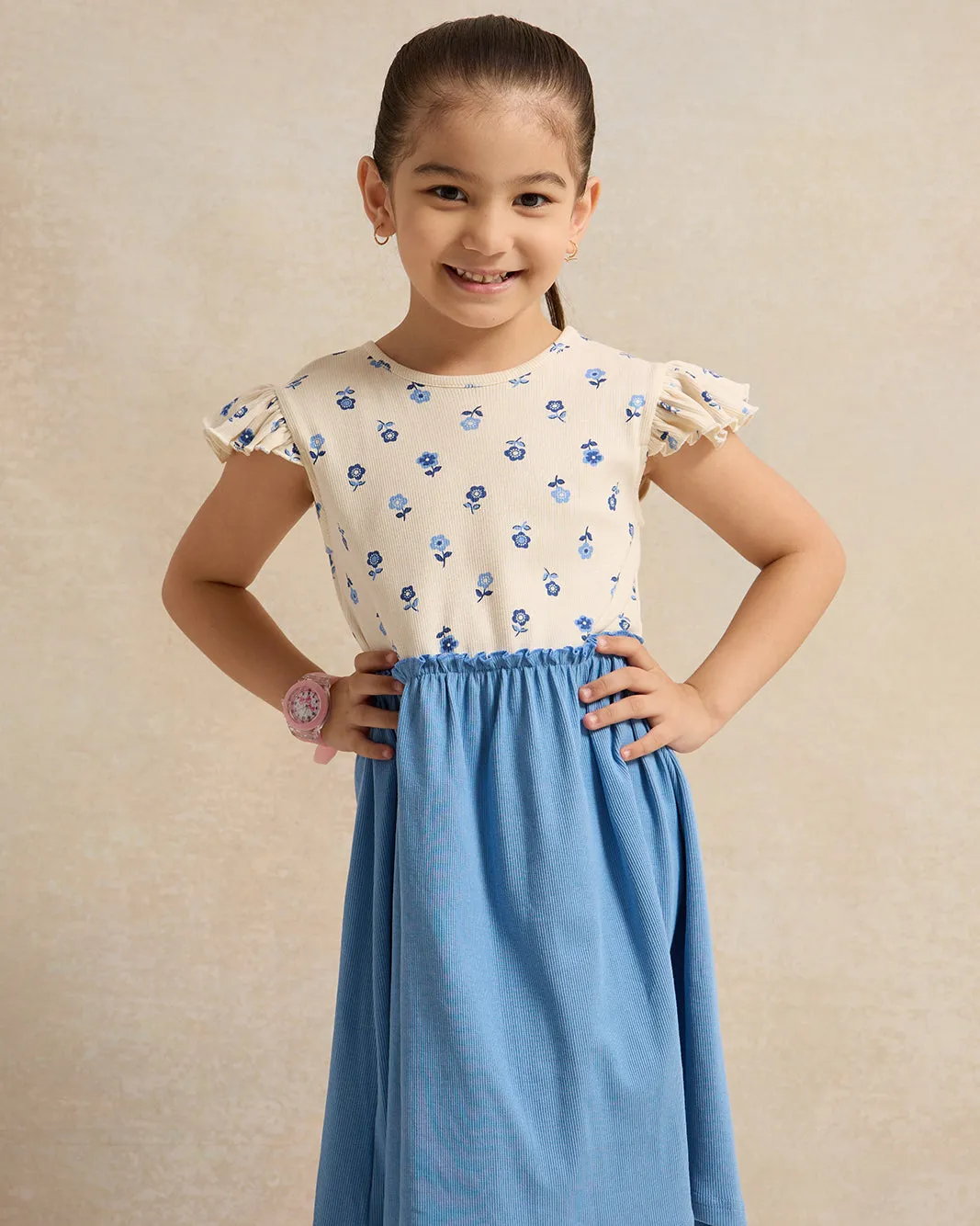 Girls Blue Printed Solid Bottom Dress sold by Redtag product image thumbnail 2
