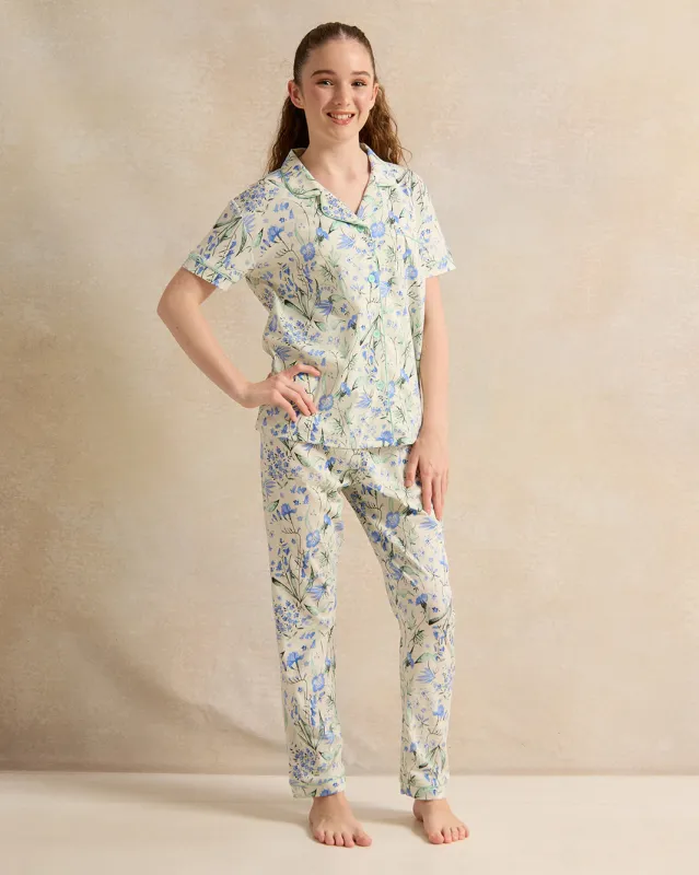 Senior Girls White And Blue Print Pyjama Set (2 Piece) sold by Redtag
