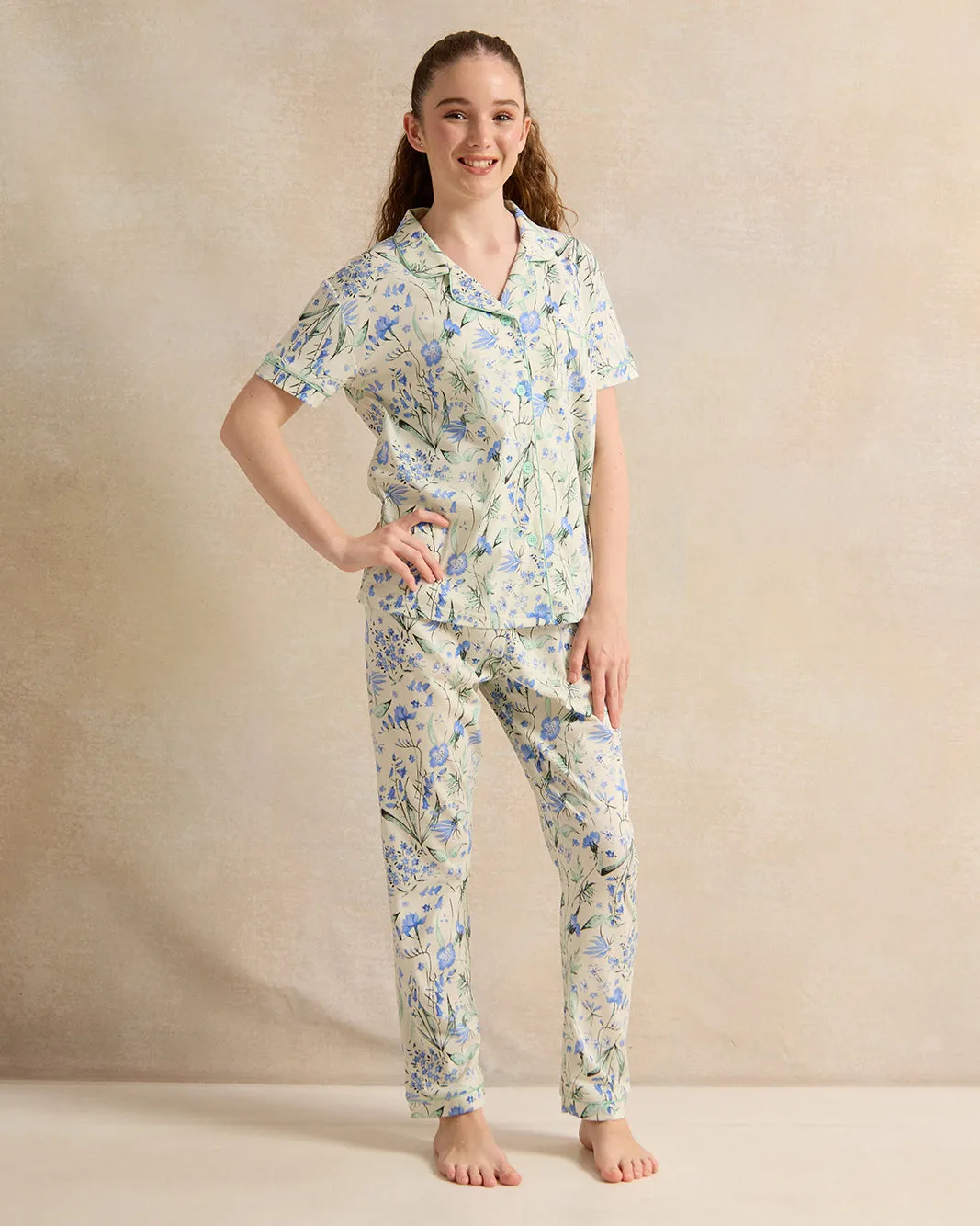 Senior Girls White And Blue Print Pyjama Set (2 Piece) sold by Redtag