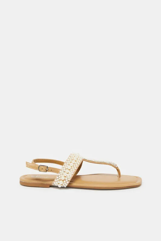 Women Taupe Pearl Trim Sandals sold by Redtag