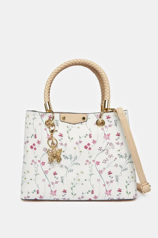 Women White Printed  Braided Handle Handbag sold by Redtag