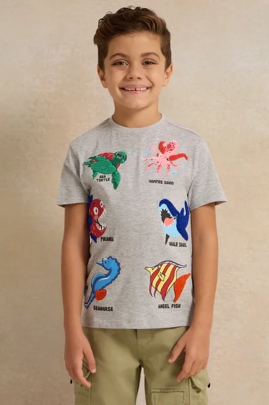 Boys Grey Embroidered T-Shirt sold by Redtag